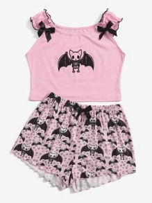 ROMWE Kawaii Skeleton Bat Print PJ Set - Pink - View 6