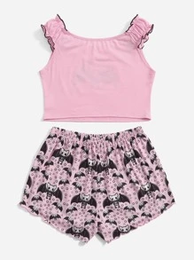 ROMWE Kawaii Skeleton Bat Print PJ Set - Pink - View 2