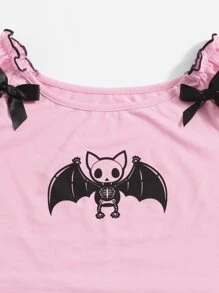 ROMWE Kawaii Skeleton Bat Print PJ Set - Pink - View 4