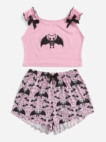 ROMWE Kawaii Skeleton Bat Print PJ Set - Pink - View 5