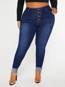 Plus Button Fly Raw Cut Skinny Jeans - Dark Wash - View 3