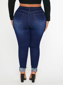 Plus Button Fly Raw Cut Skinny Jeans - Dark Wash - View 2