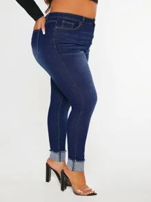 Plus Button Fly Raw Cut Skinny Jeans - Dark Wash - View 1