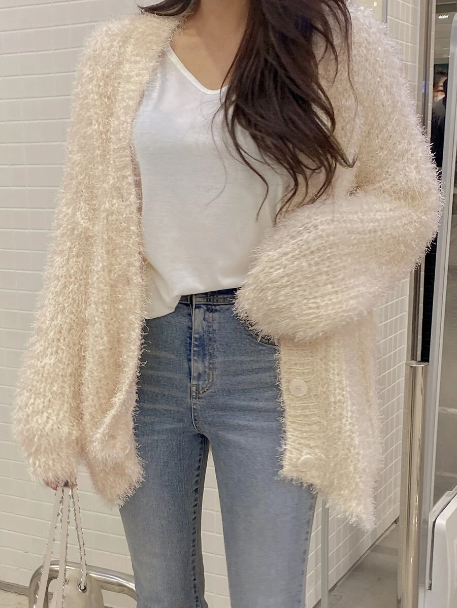 DAZY 絨毛針織前紐扣開襟衫 - 杏色 - 查看 1