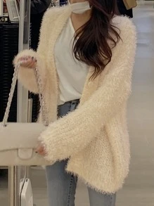 DAZY 絨毛針織前紐扣開襟衫 - 杏色 - 查看 5