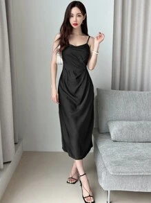 DAZY Đầm Xù màu trơn Thanh lịch - màu đen - Xem 5