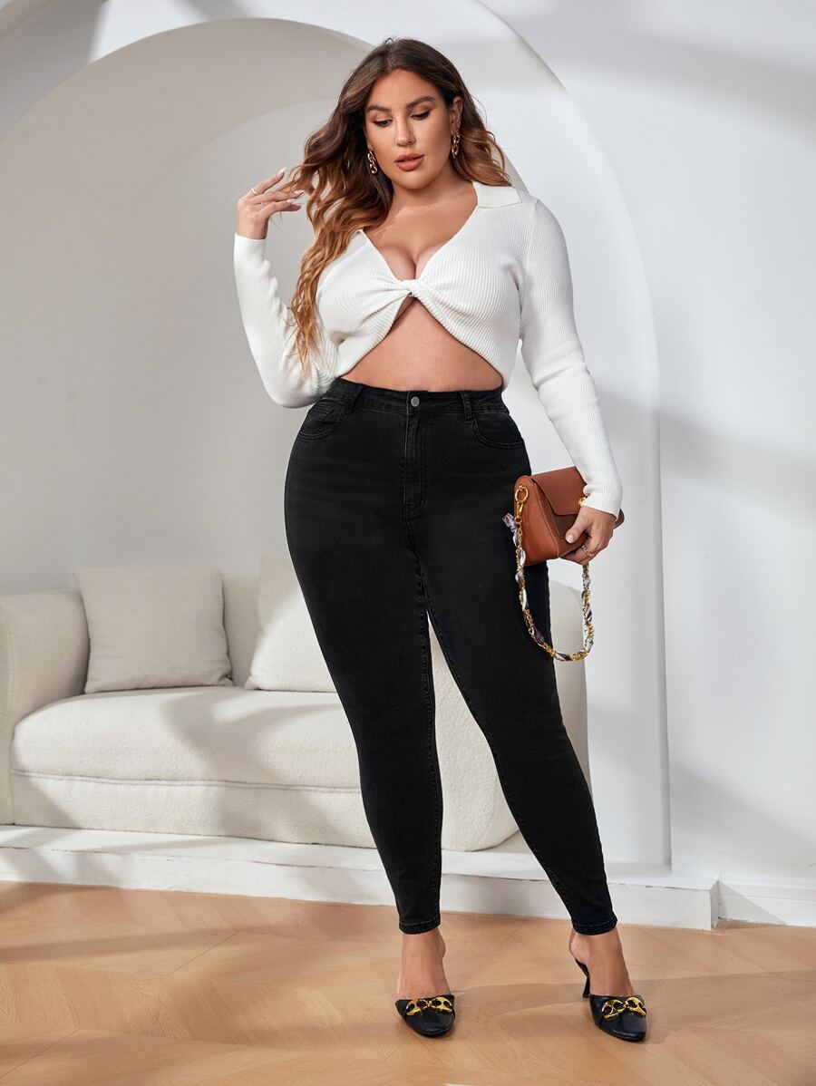 Plus High Waist Skinny Jeans - Black - View 1