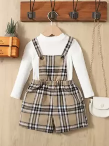 SHEIN Rompers Em bé Nút Sọc ca rô - Màu Khaki - Xem 1