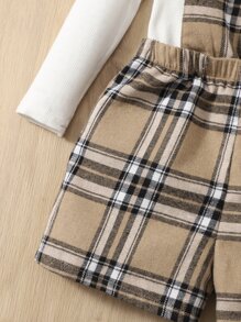 SHEIN Rompers Em bé Nút Sọc ca rô - Màu Khaki - Xem 4