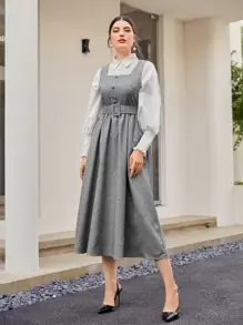 Mulvari Button Front Buckle Belted Pinafore Dress Without Shirt - Grey - View 3