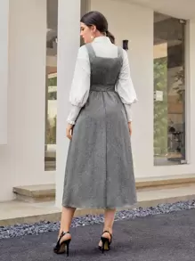 Mulvari Button Front Buckle Belted Pinafore Dress Without Shirt - Grey - View 2