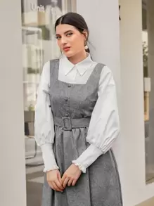 Mulvari Button Front Buckle Belted Pinafore Dress Without Shirt - Grey - View 4