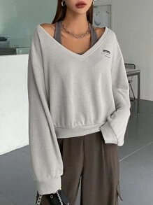 DAZY 字母贴片 V 领落肩运动衫（无吊带上衣）秋季服装