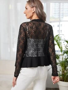 EMERY ROSE Ruffle Trim Asymmetrical Hem Lace Jacket Without Top - Black - View 4
