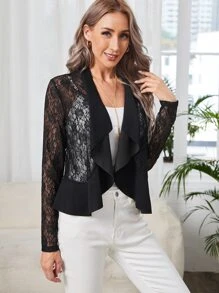 EMERY ROSE Ruffle Trim Asymmetrical Hem Lace Jacket Without Top - Black - View 3