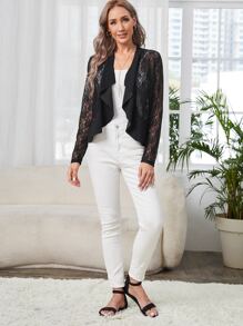 EMERY ROSE Ruffle Trim Asymmetrical Hem Lace Jacket Without Top - Black - View 5