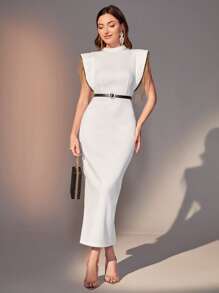 Modelyn Mock Neck Shoulder Pad Split Back Dress Without Belt Long Evening Dresses - White - View 2