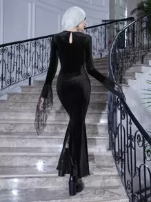 ROMWE PUNK Flounce Sleeve  Velvet Dress Without Belt - Black - View 2