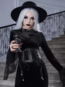 ROMWE PUNK Flounce Sleeve  Velvet Dress Without Belt - Black - View 3