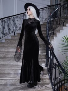 ROMWE PUNK Flounce Sleeve  Velvet Dress Without Belt - Black - View 6