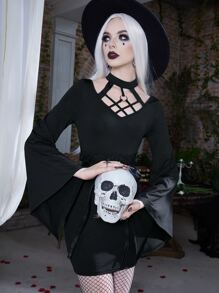 ROMWE PUNK Váy bodycon Cắt ra Liên kết O-ring tay áo lá sen Không có thắt lưng - màu đen - Xem 1