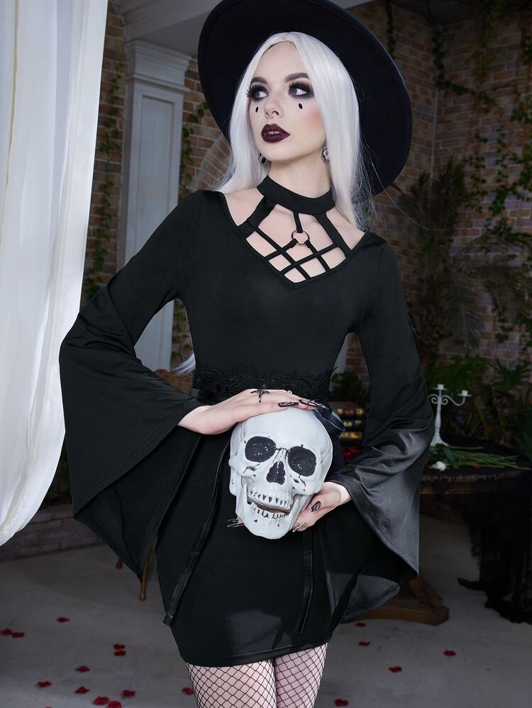 ROMWE PUNK Váy bodycon Cắt ra Liên kết O-ring tay áo lá sen Không có thắt lưng - màu đen - Xem 1