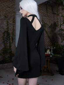 ROMWE PUNK Váy bodycon Cắt ra Liên kết O-ring tay áo lá sen Không có thắt lưng - màu đen - Xem 2