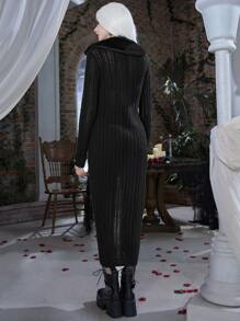 ROMWE PUNK Borg Collar Pointelle Knit Cardigan - Black - View 2