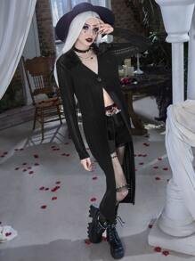 ROMWE PUNK Borg Collar Pointelle Knit Cardigan - Black - View 3