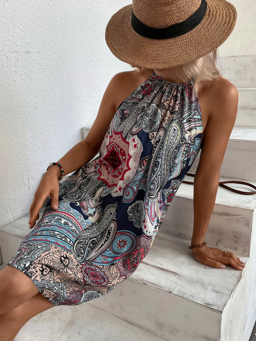 SHEIN VCAY 花和佩斯利圖案後綁帶掛脖連衣裙 - 彩色 - 查看 1