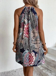 SHEIN VCAY 花和佩斯利圖案後綁帶掛脖連衣裙 - 彩色 - 查看 2