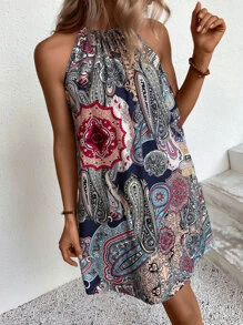 SHEIN VCAY 花和佩斯利圖案後綁帶掛脖連衣裙 - 彩色 - 查看 6