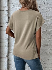 EMERY ROSE Áo thun nữ Bất đối xứng xoắn lại màu trơn Giải trí - Màu Khaki - Xem 2