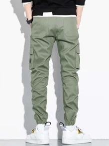 Manfinity Hypemode Men Letter Patched Flap Pocket Cargo Trousers - Army Green - View 2