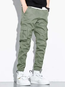 Manfinity Hypemode Men Letter Patched Flap Pocket Cargo Trousers - Army Green - View 4