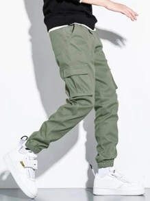 Manfinity Hypemode Men Letter Patched Flap Pocket Cargo Trousers - Army Green - View 5