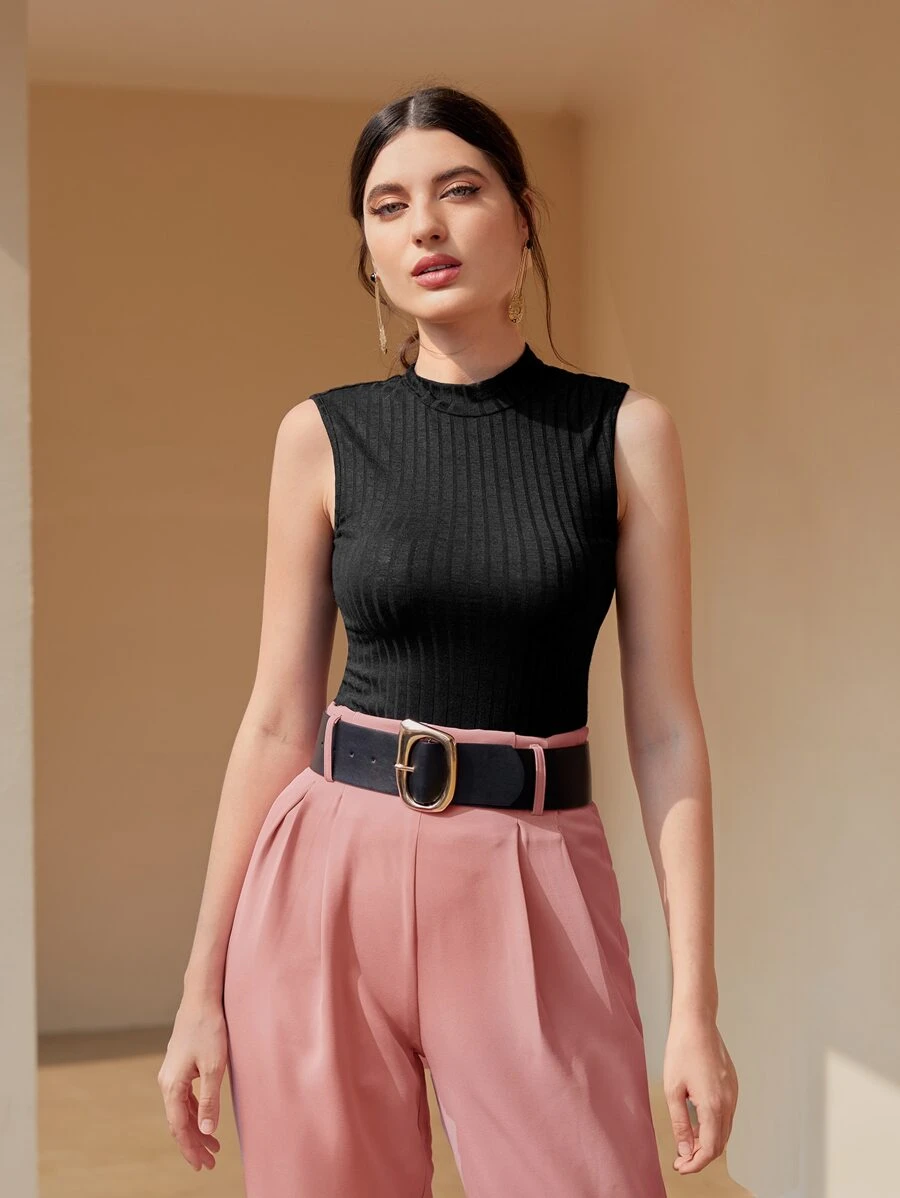 Seusyu Mock Neck Rib-knit Tank Top - Black - View 1