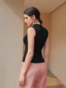 Seusyu Mock Neck Rib-knit Tank Top - Black - View 2