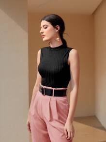 Seusyu Mock Neck Rib-knit Tank Top - Black - View 5