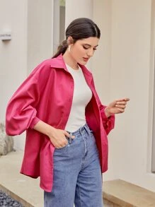 Mulvari 燈籠袖素色襯衫 - 玫紅色 - 查看 4