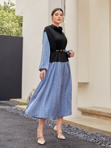 Modelyn Funnel Neck Lantern Sleeve 2 In 1 Dress With Belt - Multicolor - View 2