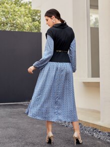 Modelyn Funnel Neck Lantern Sleeve 2 In 1 Dress With Belt - Multicolor - View 3