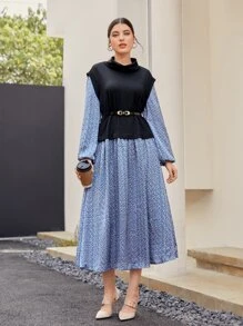 Modelyn Funnel Neck Lantern Sleeve 2 In 1 Dress With Belt - Multicolor - View 1