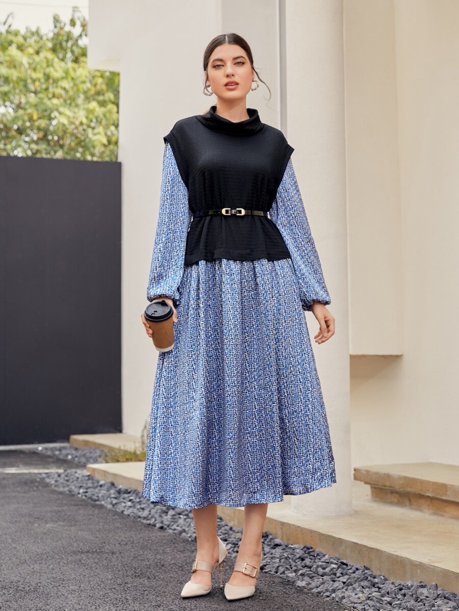 Modelyn Funnel Neck Lantern Sleeve 2 In 1 Dress With Belt - Multicolor - View 1