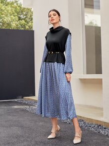 Modelyn Funnel Neck Lantern Sleeve 2 In 1 Dress With Belt - Multicolor - View 4