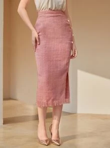 Modelyn Button Front Raw Hem Tweed Skirt - Dusty Pink - View 5