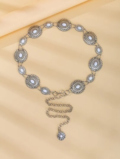 纹理金属花朵装饰链条腰带，波西米亚风，适合万圣节、夏季、学校秋季等场合。