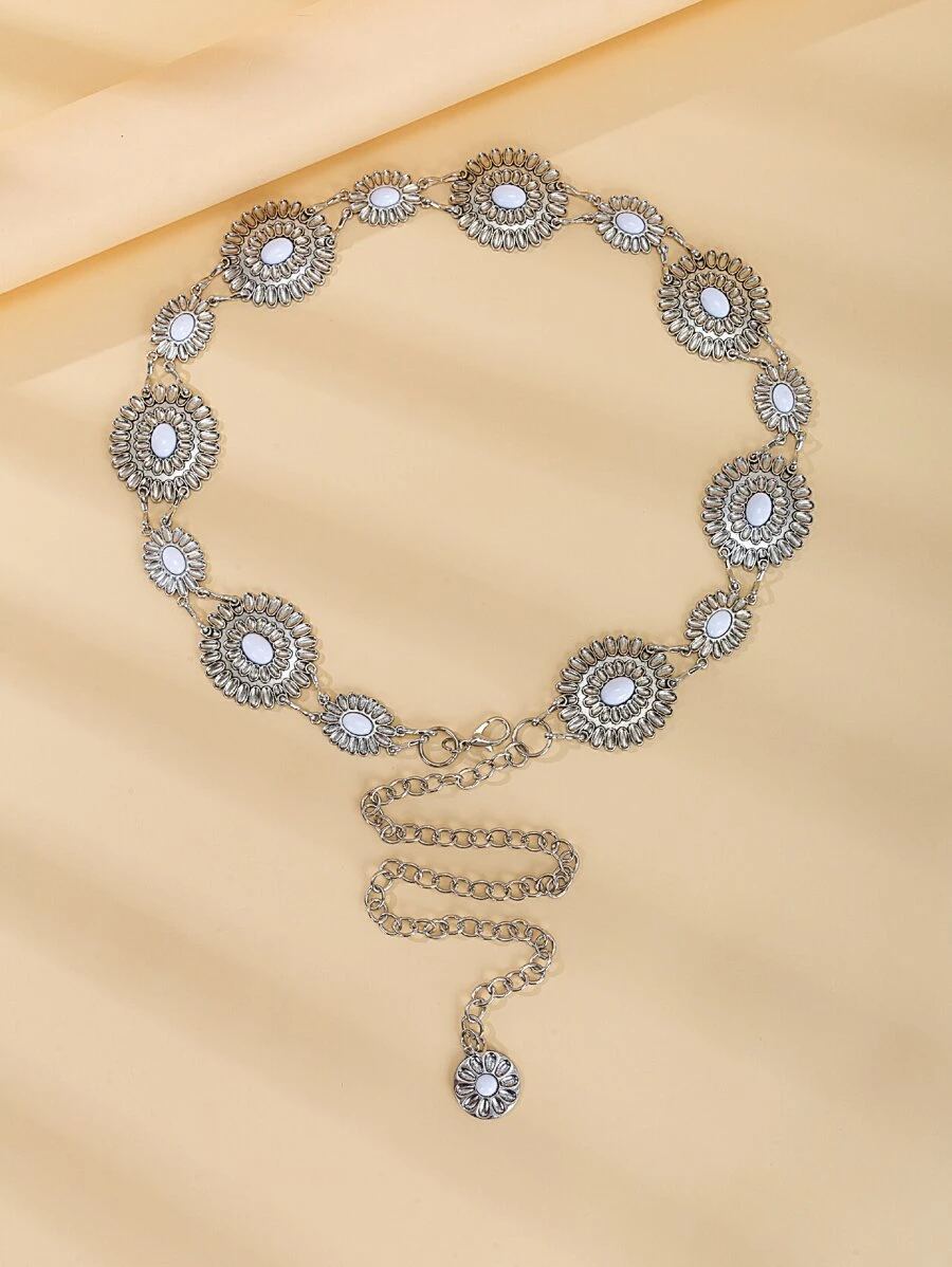 纹理金属花朵装饰链条腰带，波西米亚风，适合万圣节、夏季、学校秋季等场合。 - 銀色 - 查看 1