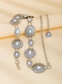 纹理金属花朵装饰链条腰带，波西米亚风，适合万圣节、夏季、学校秋季等场合。 - 銀色 - 查看 4