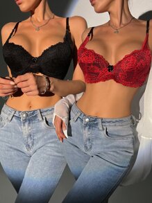 Floral Lace Scalloped Bra Set - 2 Packs - Multicolor - View 1